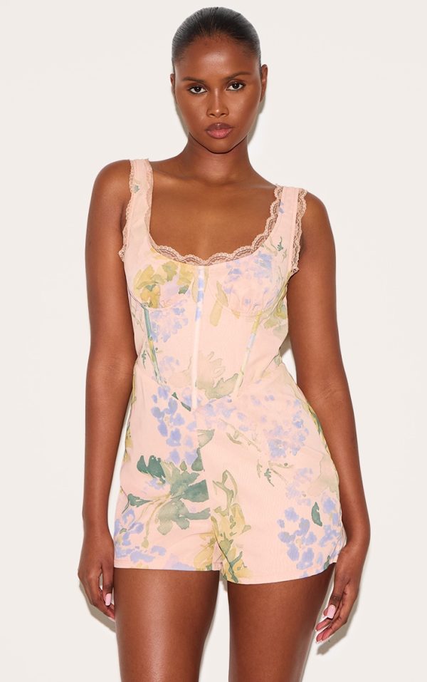 Pink Floral Printed Chiffon Corset Detail Romper