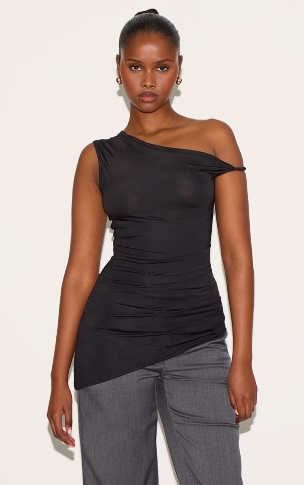 Black Ruched Detail Asymmetric Slinky Long Top