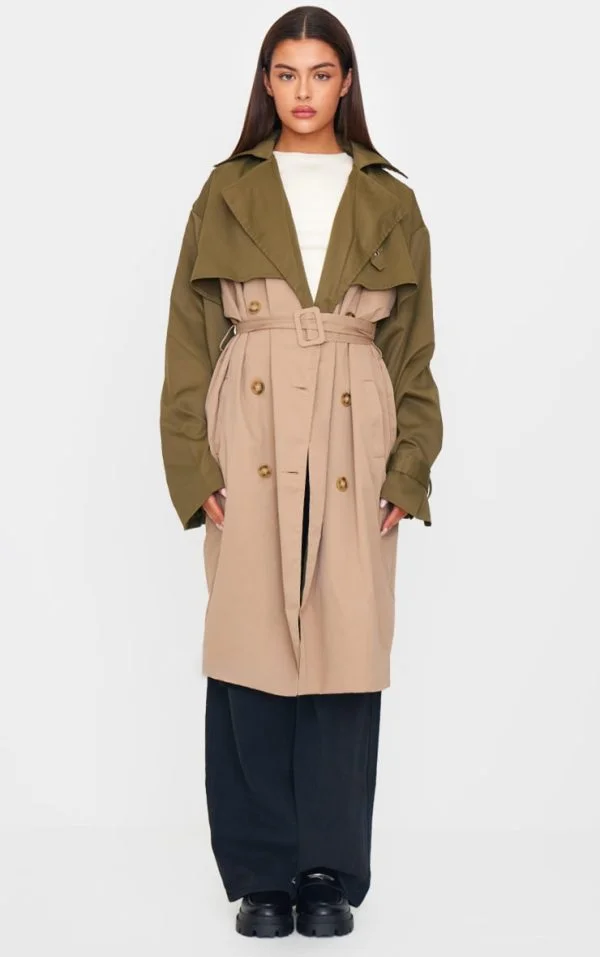 Khaki Contrast Oversized Belted Midi Trench Coat