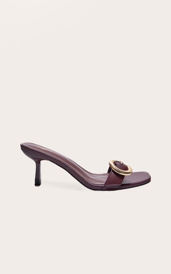 Wide Fit Burgundy Pu Square Toe Buckle Detail Low Heeled Mules