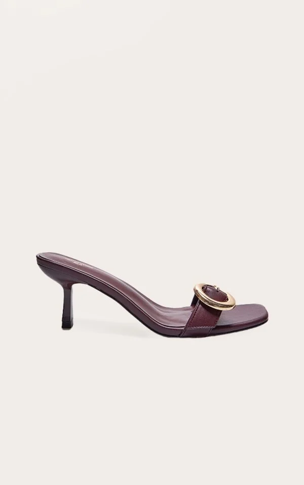 Wide Fit Burgundy Pu Square Toe Buckle Detail Low Heeled Mules
