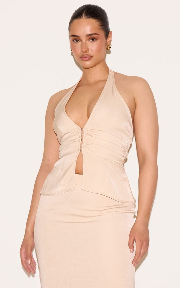 Shape Pebble Woven Tailored Halterneck Ruched But Split Hem Top