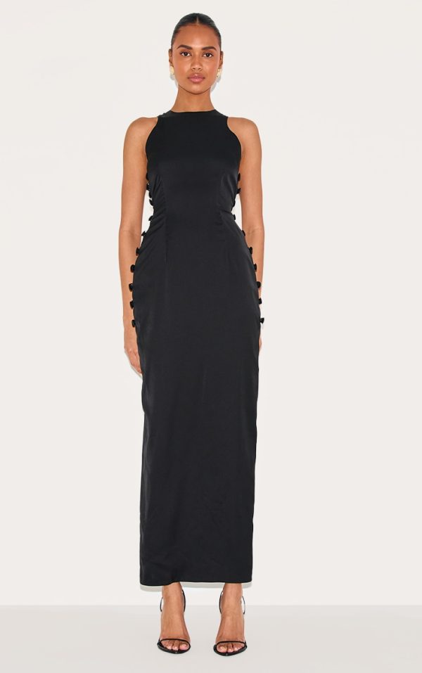 Black Woven Racer Button Detail Midaxi Dress