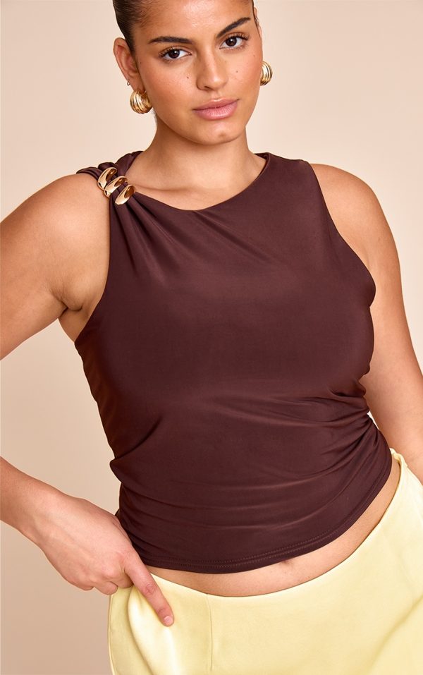 Plus Deep Chocolate Double Layer Slinky Trim Detail Long Vest Top