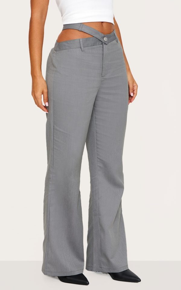Petite Grey Woven Asymmetric Straight Leg Pants
