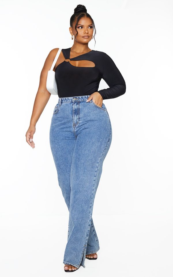 Plus Black Cut Out Ring Detail Long Sleeve Bodysuit