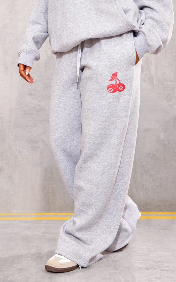 Grey Marl Cherry Print Oversized Wide Leg Sweatpants