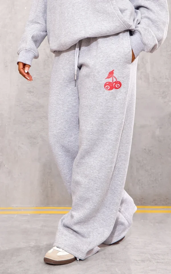 Grey Marl Cherry Print Oversized Wide Leg Sweatpants
