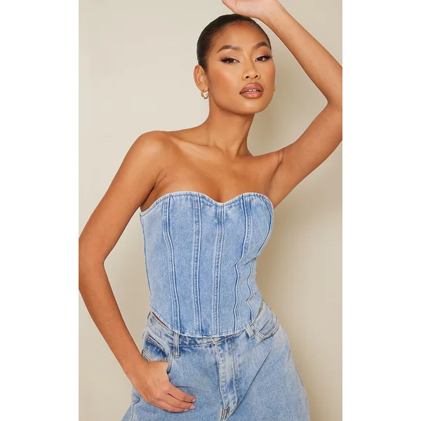 Acid Blue Wash Seam Detail Denim Corset Top