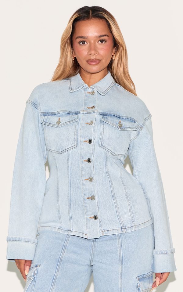 Shape Light Blue Stretch Denim Turn Up Sleeve Adjustable Back Jacket