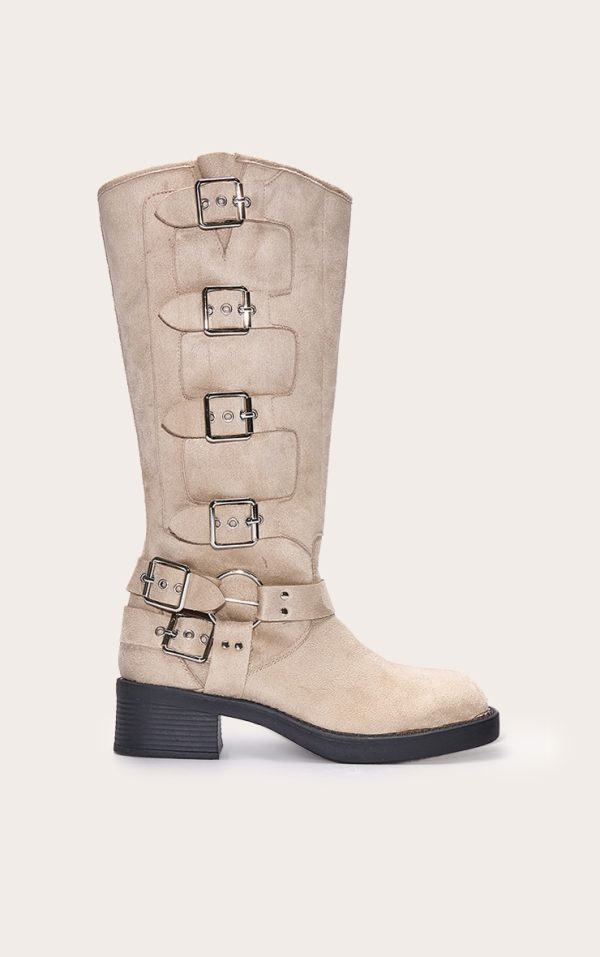 Cream Faux Suede Round Toe Multi Buckle Harness Knee High Boots