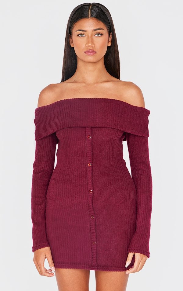 Burgundy Brushed Rib Button Down Bodycon Dress