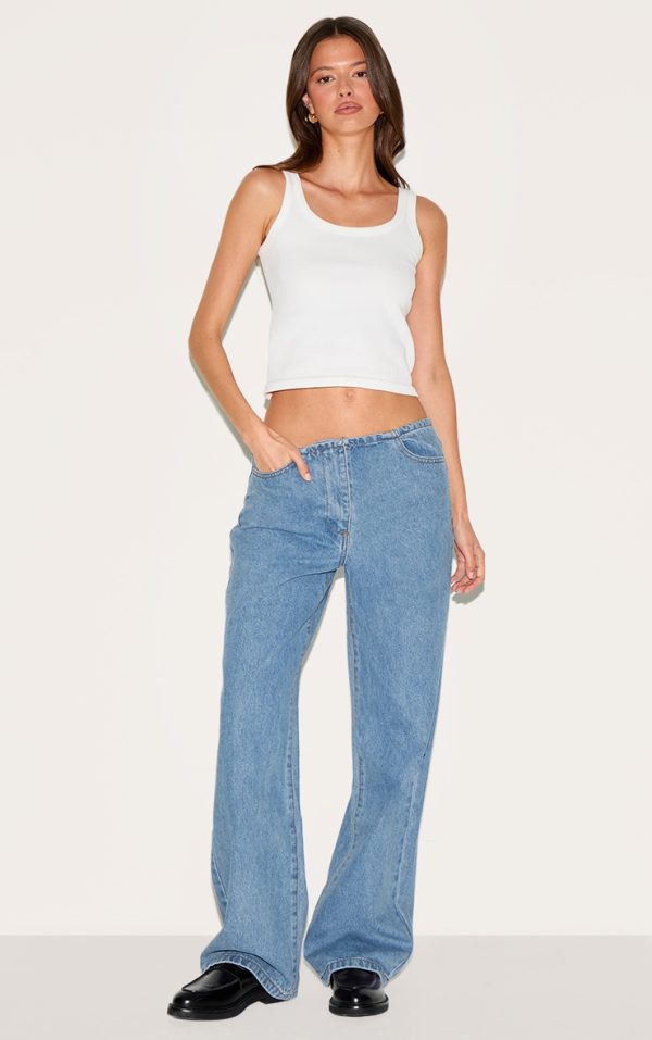 Mid Blue Low Rise No Waistband Straight Leg