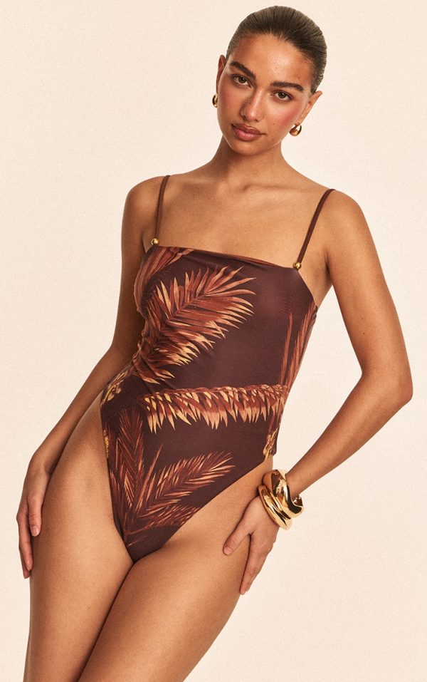 Chocolate Palm Print Strappy Swimsuit