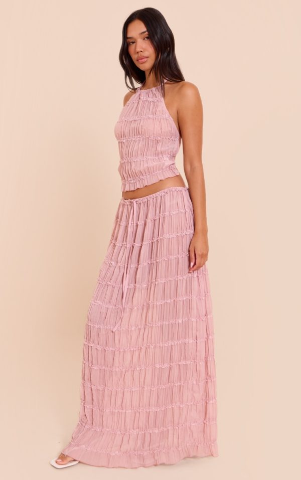 Mauve Chiffon Ruched Frill Detail Tiered Maxi Skirt