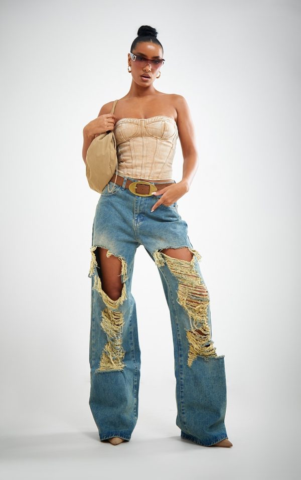 Indigo Vintage Wash Extreme Rip Front Straight Leg Jeans