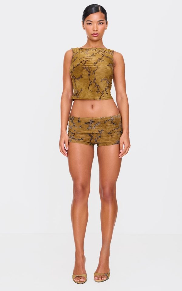 Khaki Floral Print Devore Low Rise Hot Pants
