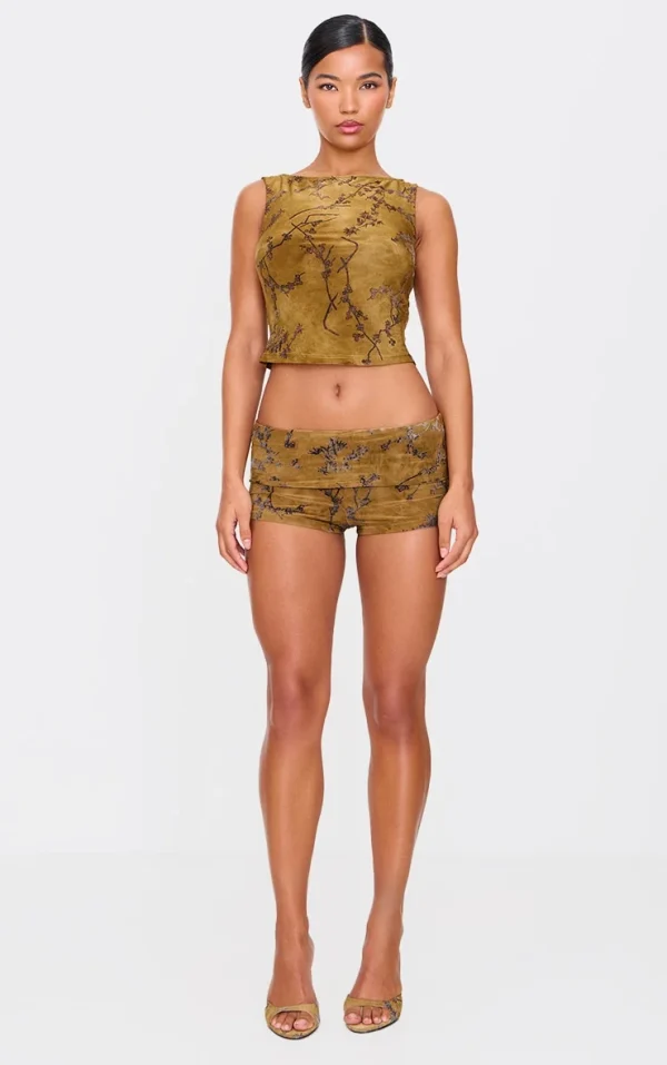 Khaki Floral Print Devore Low Rise Hot Pants