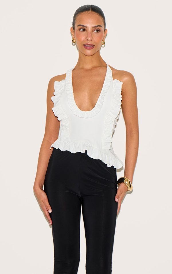 Petite White Frill Halterneck Top