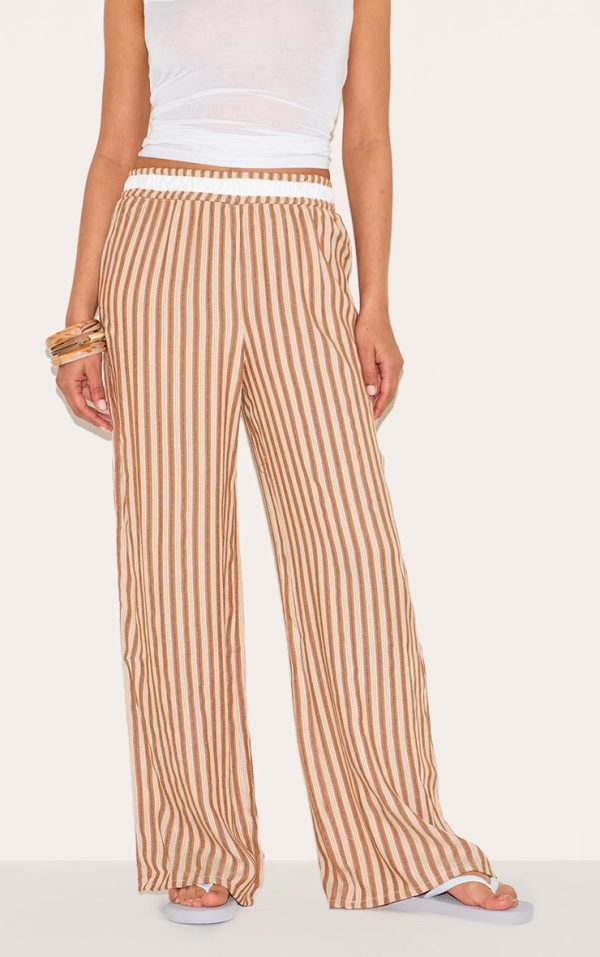 Petite Taupe Striped Wide Leg Linen Pants