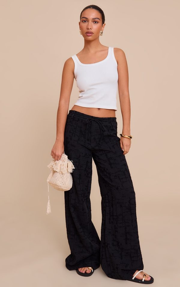 Black Textured Tie Detail Wide Leg Pants