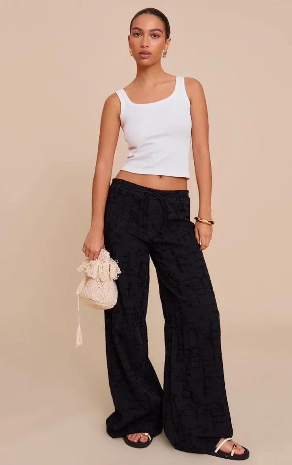 Black Textured Tie Detail Wide Leg Pants