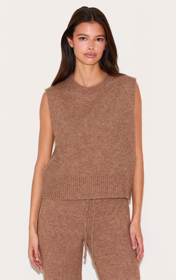 Mocha Marl Soft Knit High Neck Sleeveless Top