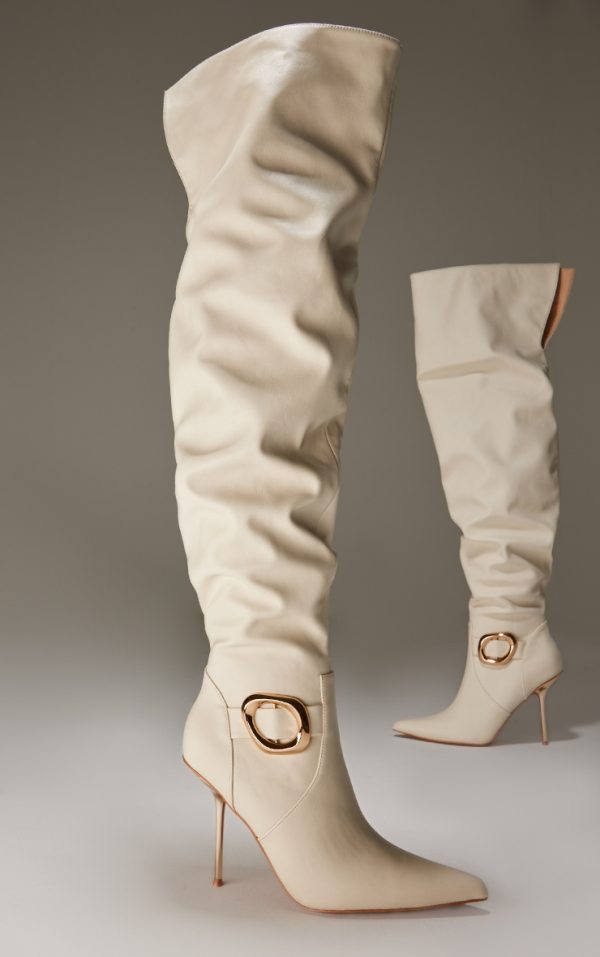 Cream PU Gold Buckle Point Toe High Stiletto Over The Knee Boots