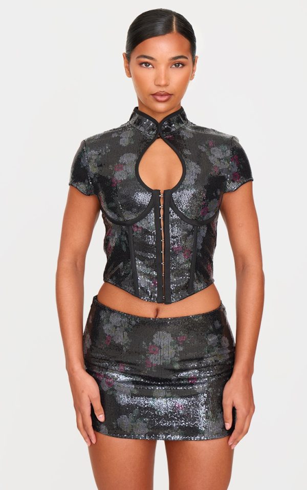 Black Printed Sequin Band Collar Corset Top