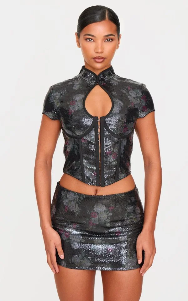 Black Printed Sequin Band Collar Corset Top