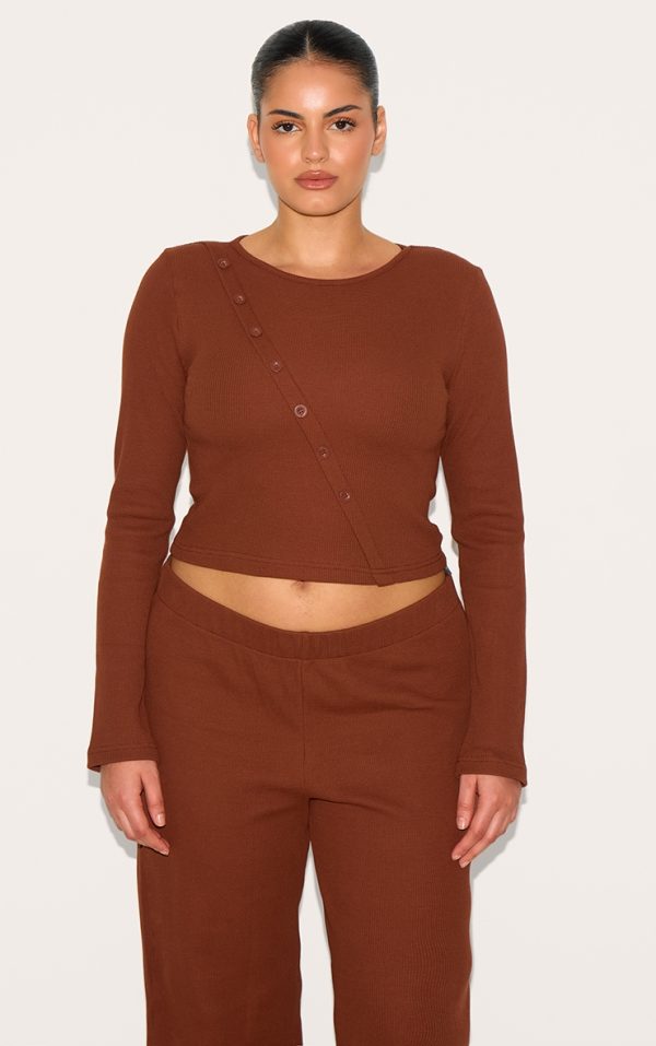 Plus Chocolate Asymmetrical Waffle Button Crop Top