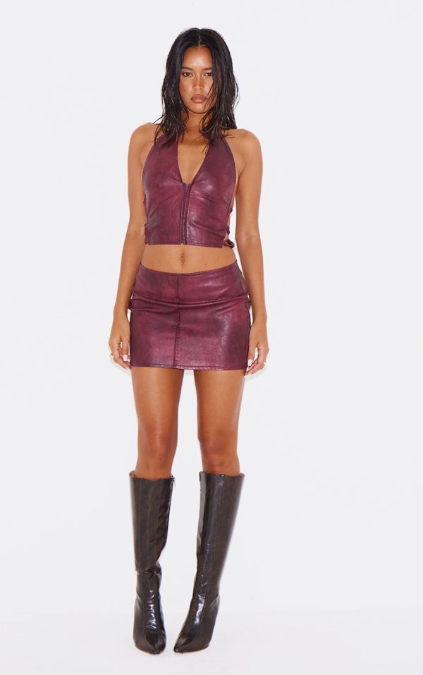 Burgundy Washed Faux Leather Seam Detail Low Rise Micro Mini Skirt