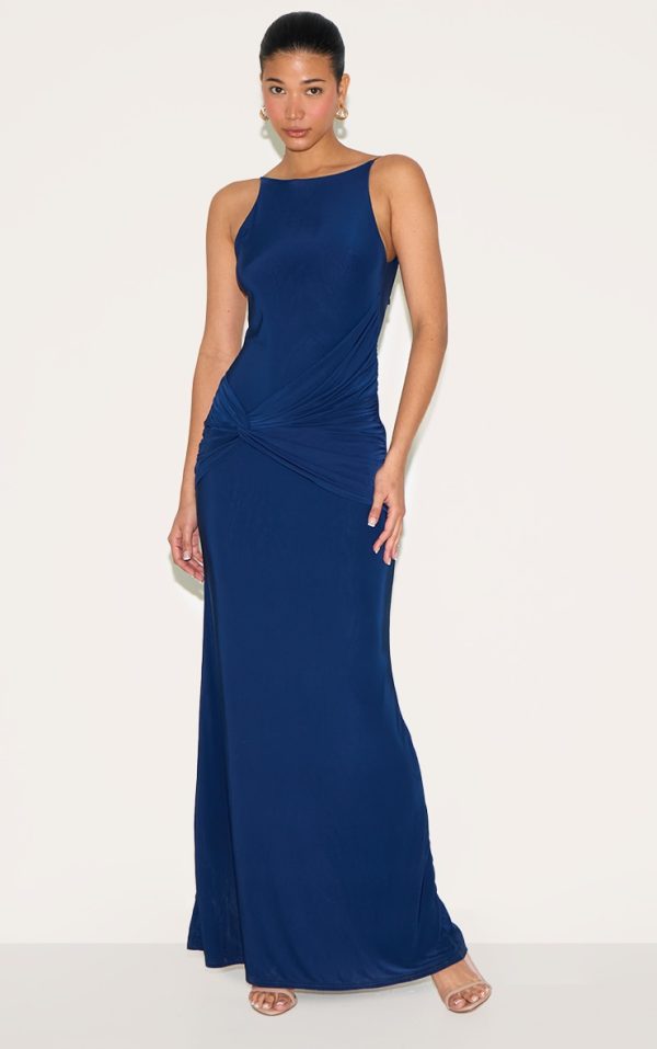 Navy Double Layer Slinky Twited Front Halter Neck Maxi Dress