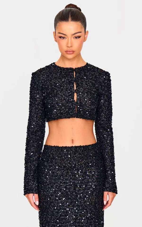 Black Sequin Long Sleeve Button Up Cardigan