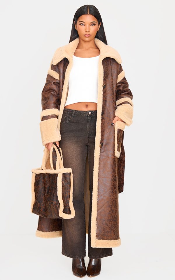 Brown Faux Leather Vintage Look Borg Coat