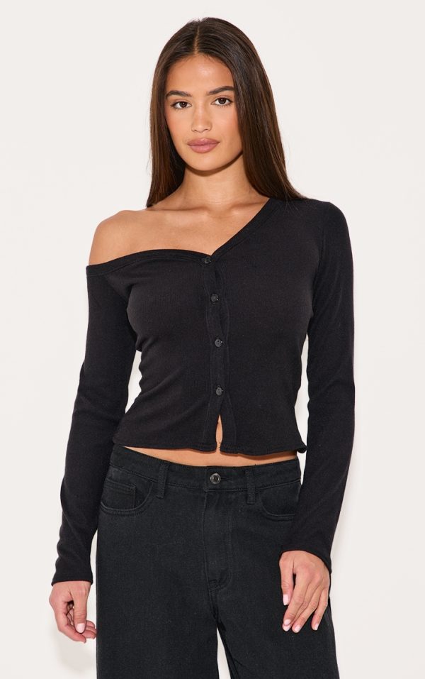 Black Soft Touch Rib Asymmetric Detail Long Sleeve Top