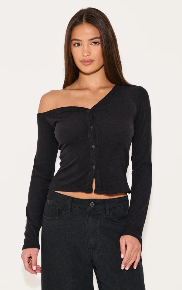 Black Soft Touch Rib Asymmetric Detail Long Sleeve Top