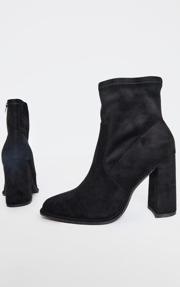 Black Faux Suede Round Toe High Block Stiletto Heeled Boots