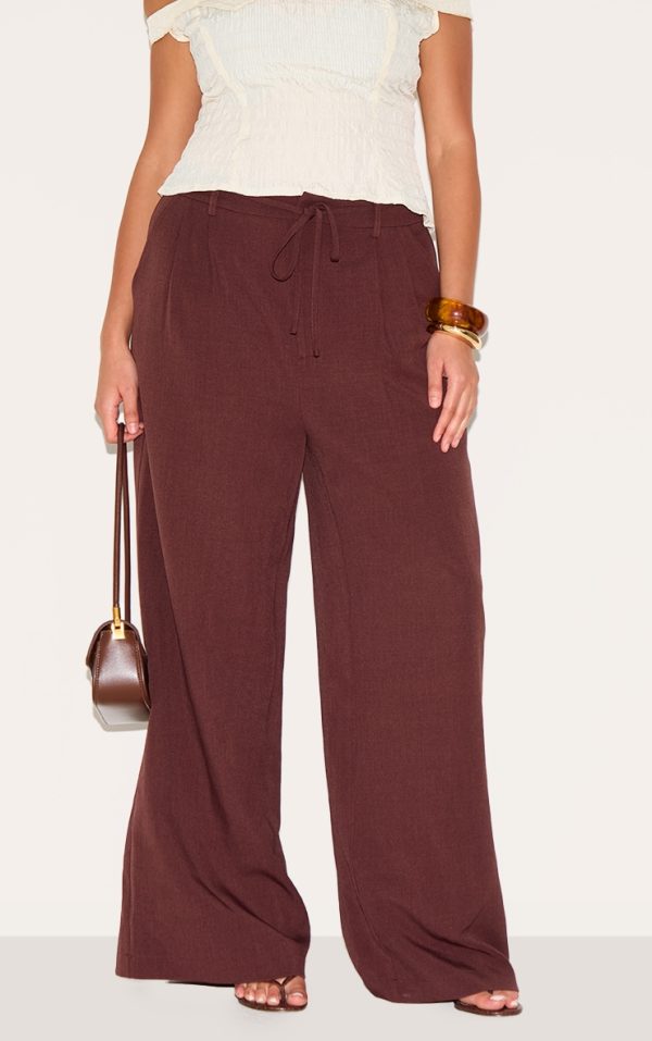 Plus Wine Tailored Tie Detail Woven Wide Leg Pants