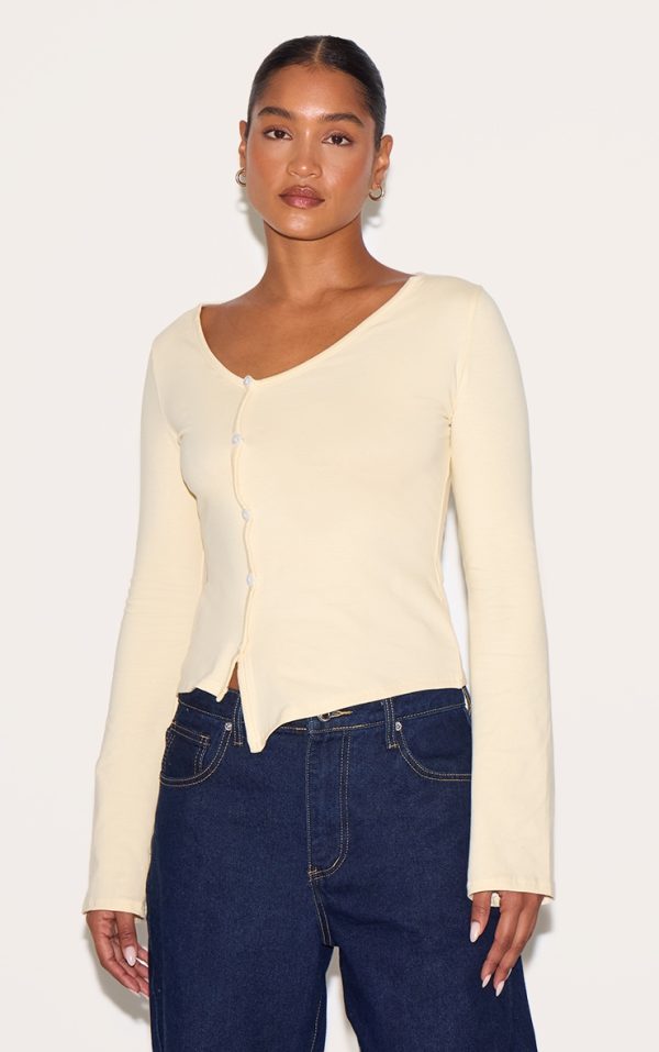 Almond Asymmetric Button Down Detail Long Sleeve Top