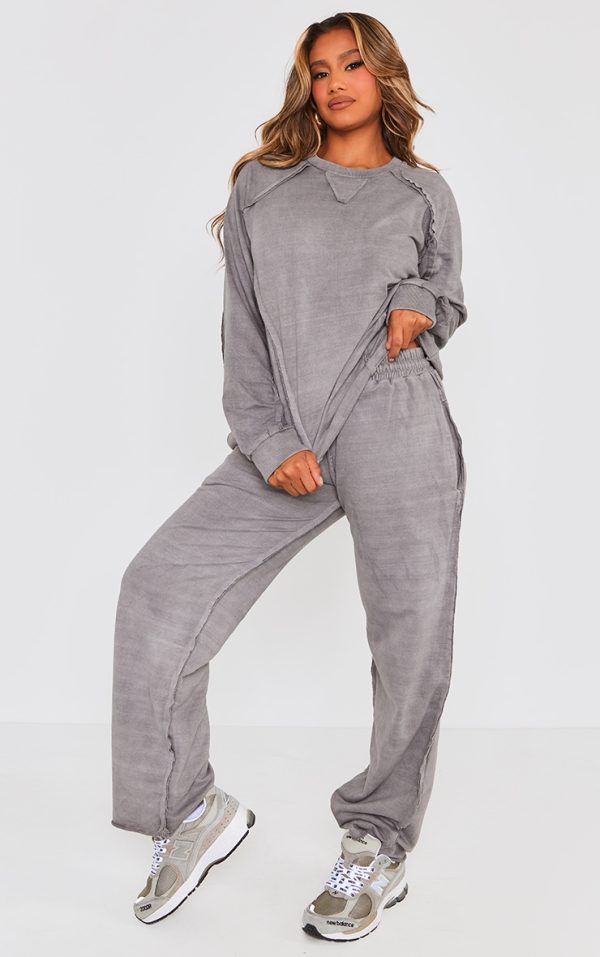 Grey Washed Oversized Raw Edge Seam Detail Wide Leg Sweatpants