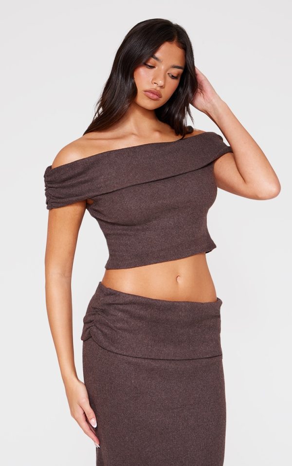 Chocolate Brushed Rib Off The Shoulder Longline Top