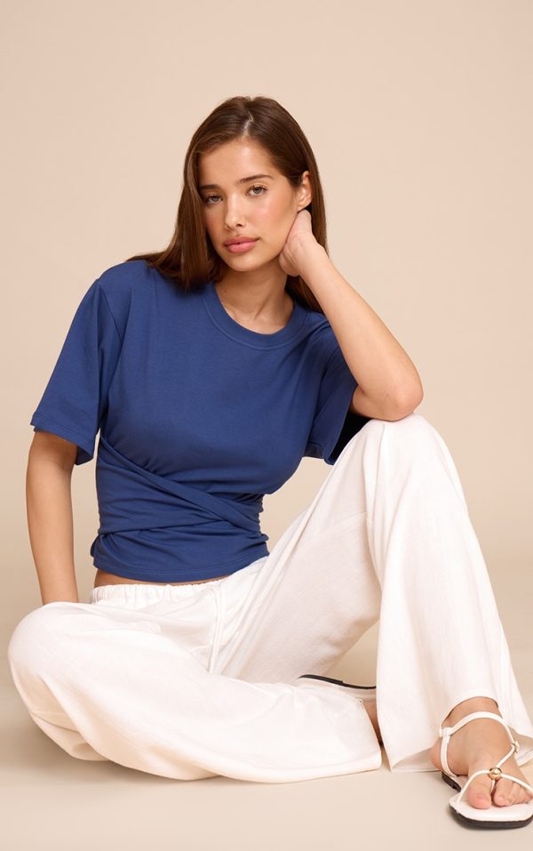 Blue Cotton Wrap Front T Shirt