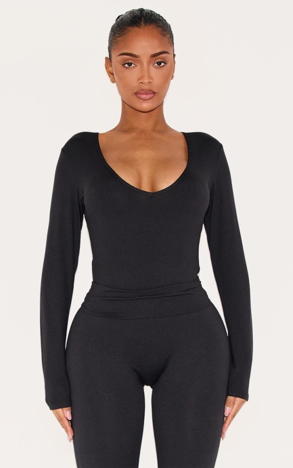 Shape Black Sculpted V Neck Long Sleeve Bodysuit