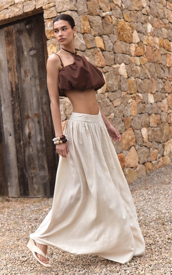 Beige Pleated Linen Look Maxi Skirt