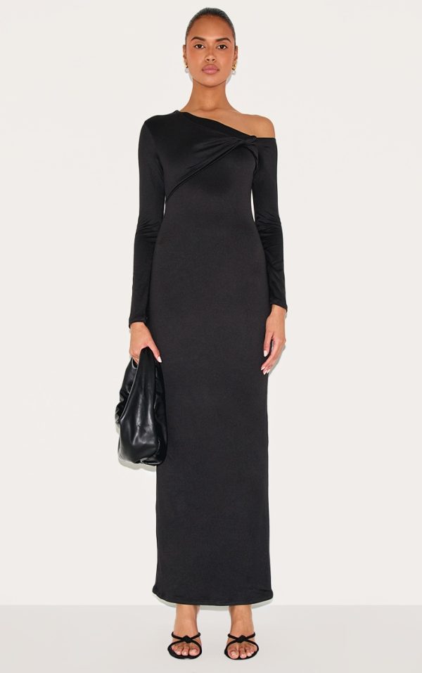 Black Double Contour Twist Detail Long Sleeve Maxi Dress