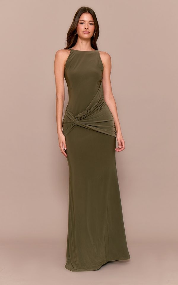 Khaki Double Layer Slinky Twisted Front Halter Neck Maxi Dress