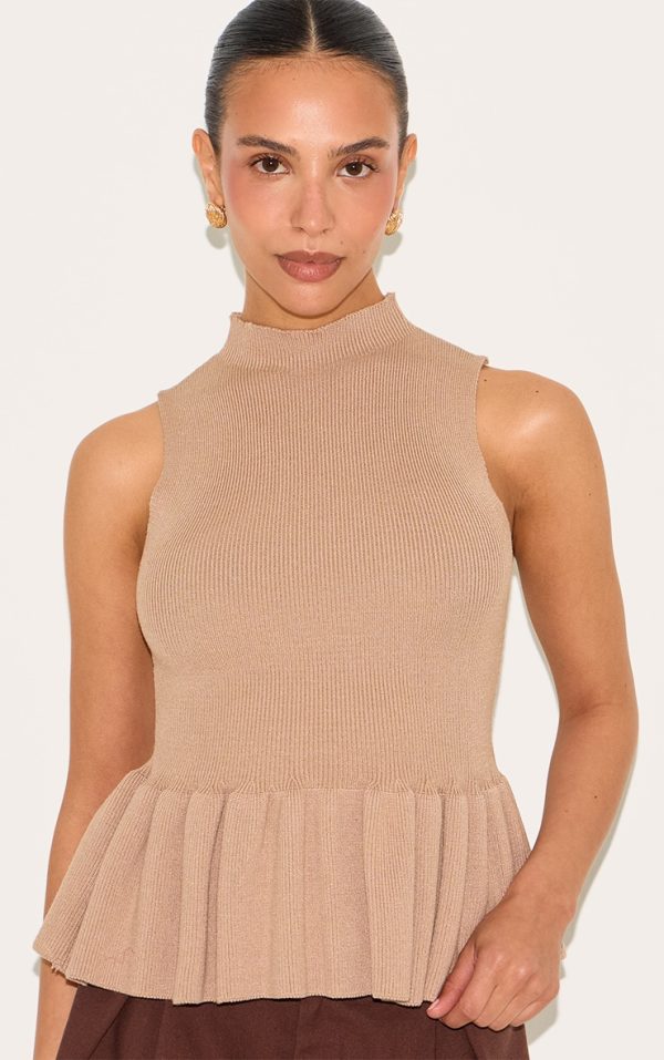 Petite Taupe Knitted High Neck Peplum Hem Long Top