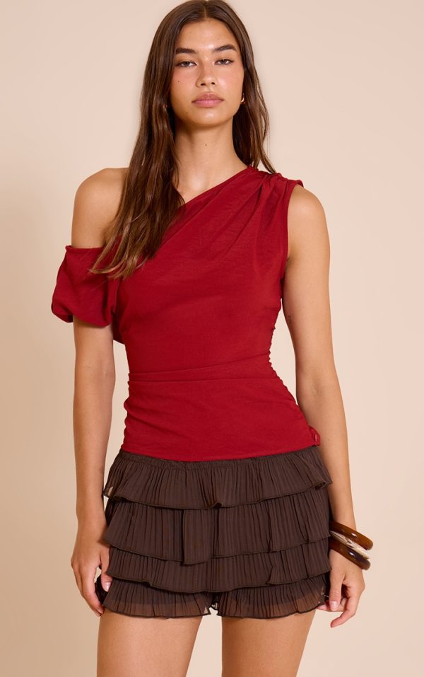 Deep Red Floaty Woven Ruched One Shoulder Top
