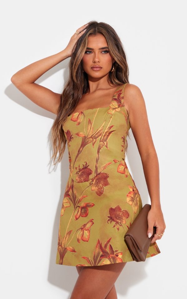 Green Floral Corset A Line Shift Dress
